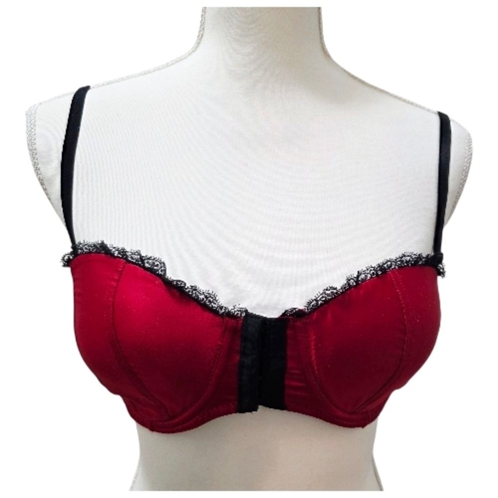 💋Blush Red & Black Lace Bra 34D Satin Underwire Push-Up Lingerie Sexy Front 💋 - Picture 4 of 9
